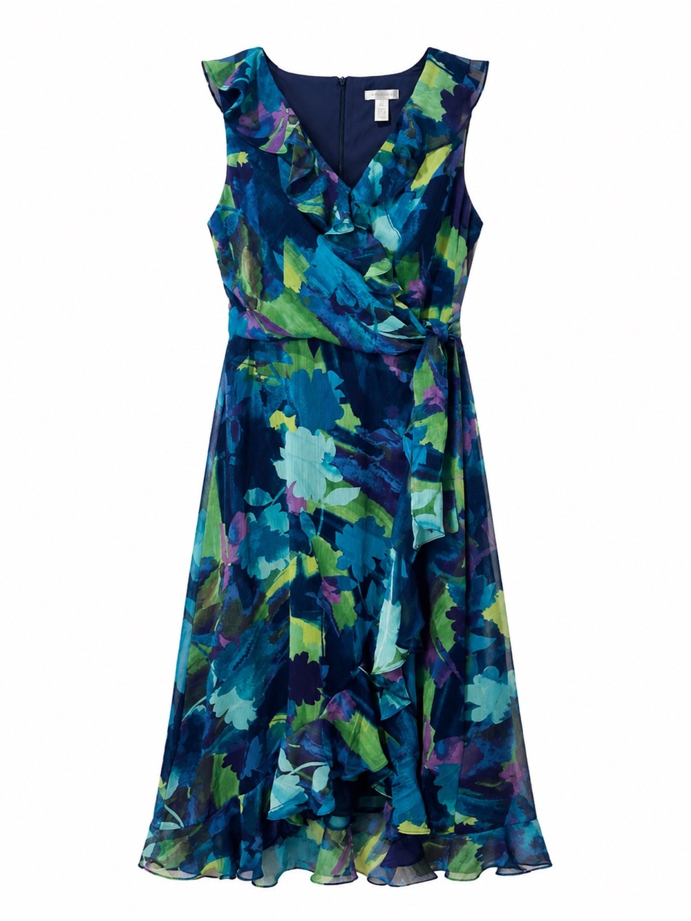 London Times Floral Ruffle Wrap Midi Dress Size 6 NWT Blue Chiffon new